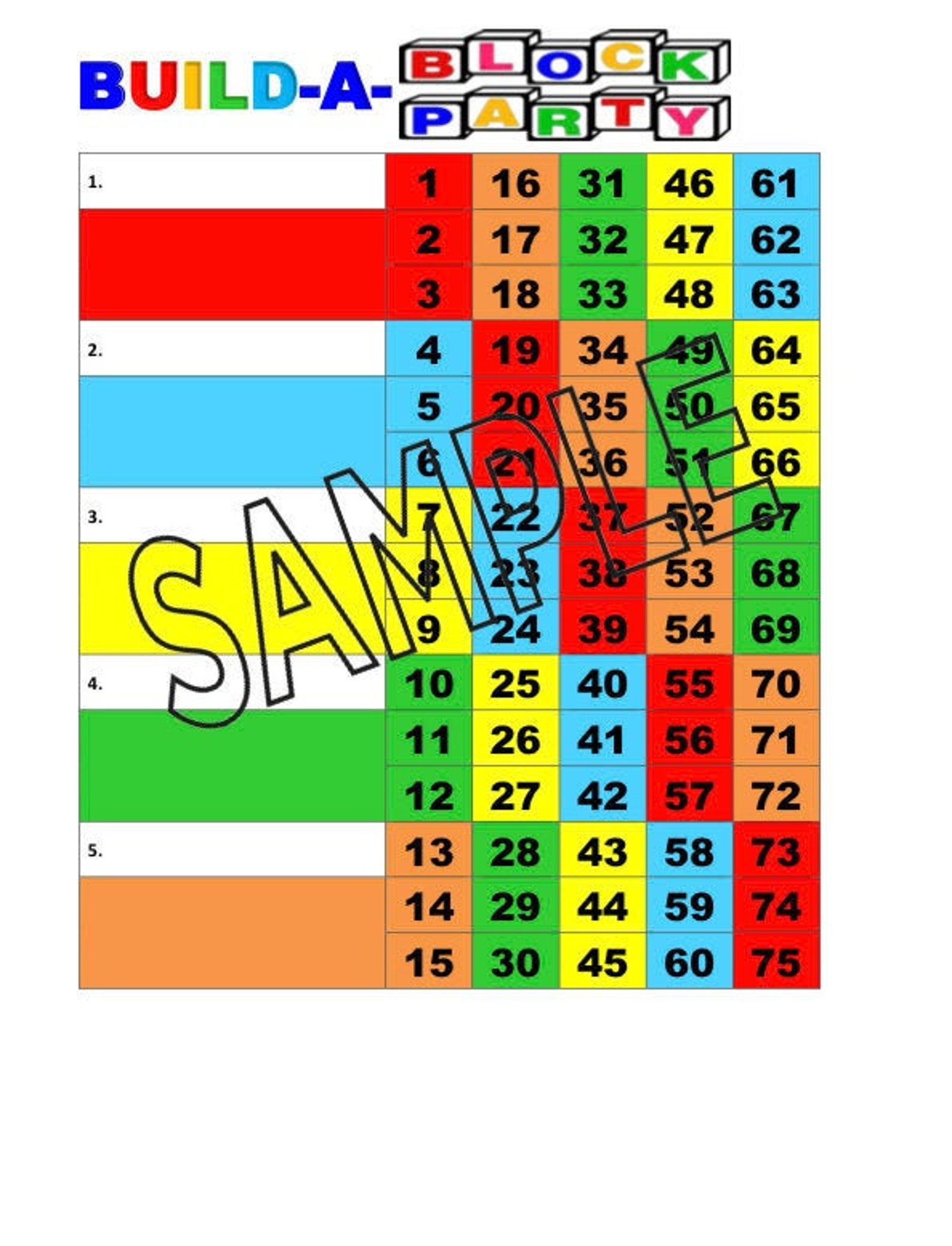 BuildABlock Party Bingo Board 5 Lines 75 balls PDF file Etsy