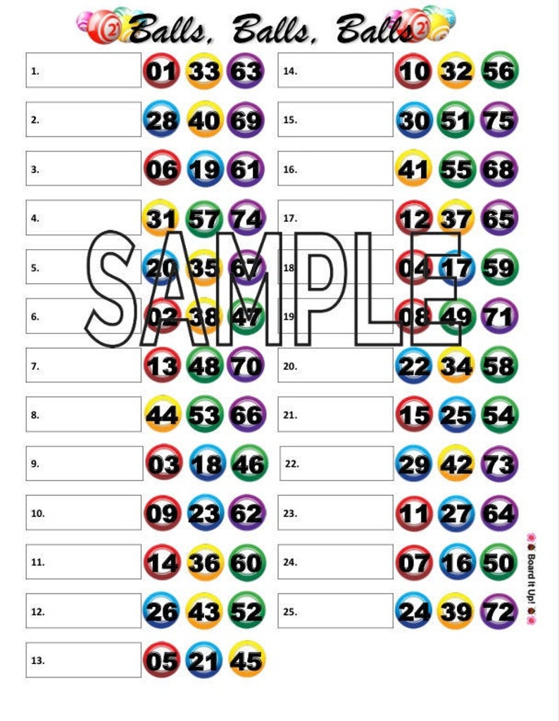 Balls Bingo Board 25 Lines 75 Balls PDF File | Etsy