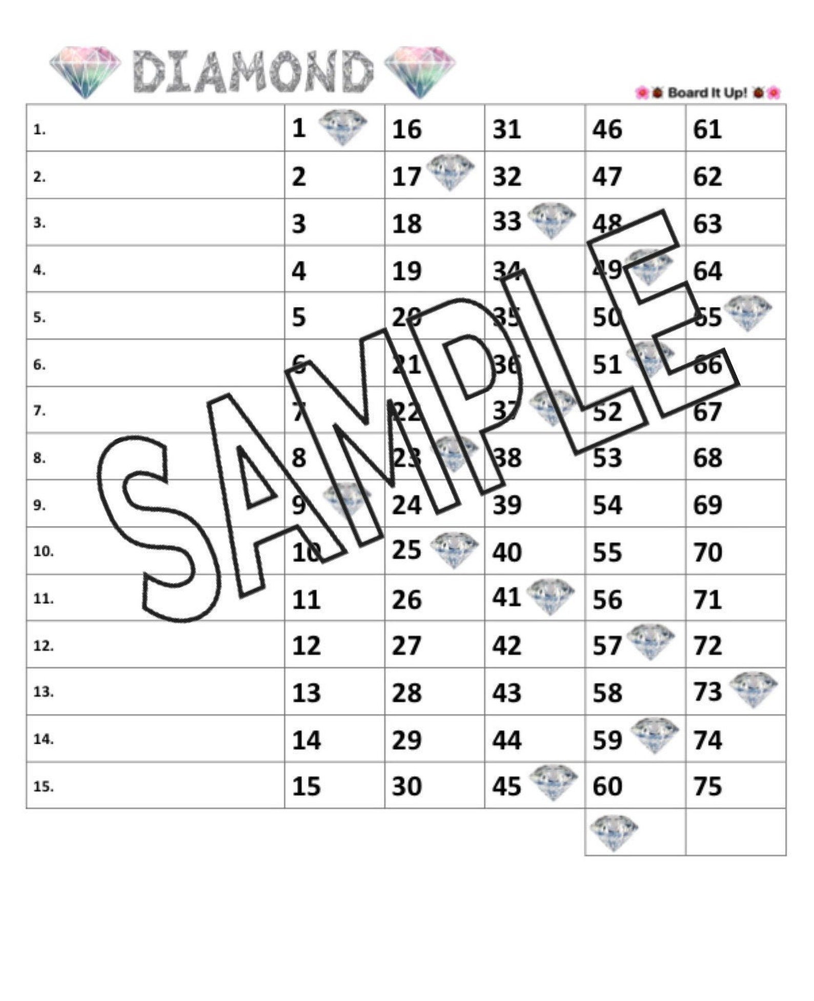 Diamond 2 Bingo Board 15 Lines straight and mixed PDF file Etsy