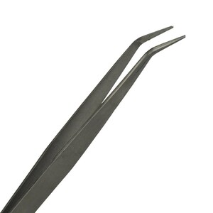 May include: A pair of stainless steel tweezers with angled tips, designed for precision tasks. The tweezers are a matte gray color and are set against a clean white background.