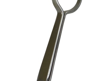 May include: A pair of stainless steel tweezers with a wooden handle. The tweezers have a curved tip with serrated edges.