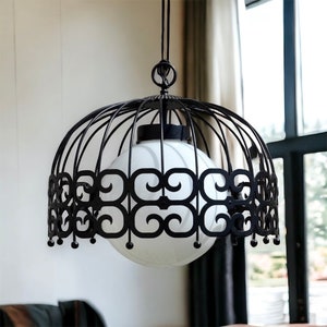 Vintage Art Deco Umanoff Hard Wired Pendant Light, Black Metal Cage and Milk Glass Globe Hanging Light, Mid Century Modern Lighting