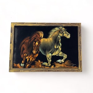Vintage Velvet Horse Painting with Carved Wood Frame, 70s Ranch or Lodge Artwork, Running Horses Art, Gifts for Animal Lovers