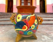 Vintage Mexican Terracotta Pottery, Acapulco Hanging Clay Flower Pot, Hand Painted Traditional Mexican Pot, Decorative Hanging Planter