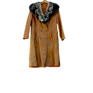 Vintage Leather and Fur Coat, Hollywood Glam Fur Collar Coat, Vintage Leather Trench Coat, 1970s Clothing image 7