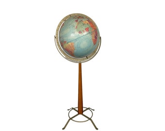 Vintage Replogle Stereo Relief Globe with Floor Stand, Mid Century Modern 12" World Globe, Retro Office Decor