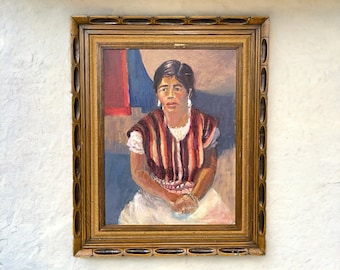 Vintage femme hispanique, peinture originale encadrée, portrait féminin, décoration coloniale espagnole, cadre en bois vintage fabriqué au Mexique