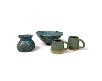 Vintage Turquoise Studio Pottery Set, 70s Turquoise Bowl Mugs Vase, Earthenware Shelf Decor, Retro Pottery Collection