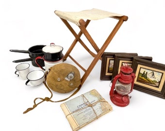 Vintage Camping Decor Set - National Geographic Maps, Dietz Lantern, Framed Painting