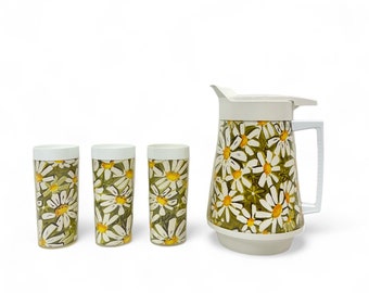 Vintage Daisy Pitcher with Lid and Tumblers Set by West Bend Thermo, Retro Outdoor Drinkware Collection, Mod Kitchen Drink Set