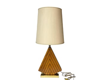 Vintage Geometric Wood Table Lamp – Mid Century Scandinavian Decor