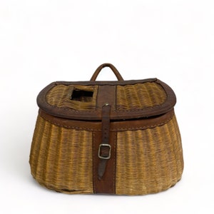 Antique, Vintage, Wicker, Fly Fishing, Trout, Fish, Creel, Basket, Pouch,  With Attached Leather Strap, 1950's, 14 Inch K12/15 