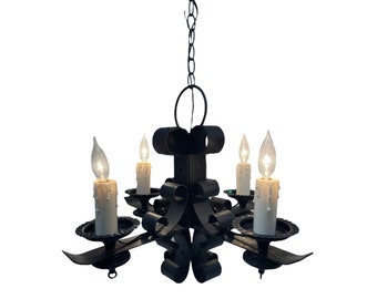 Vintage Spanish Revival Chandelier - Gothic 4 Arm Light with Faux Drip Candle Light Covers, Wrought Iron Light, Ornate Hacienda Lighting