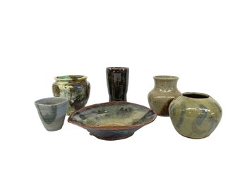 Vintage Pottery Assortment, Pottery Vase, Pottery Dish, Pottery Cup, Earth Tone Studio Pottery Set, Vintage Earthtone Pottery Set