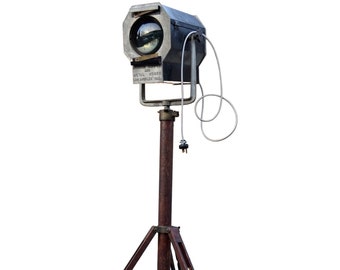 Vintage Theater Stage Spotlight, Wooden Tripod FloorLamp, Industrial Lighting, Modern Copper and Metal Works Made in USA