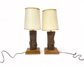 Vintage Log Table Lamps with Shades, Rustic Cabin Decor, Pair of Lodge Nightstand Lamps, Cozy Cabin Lighting