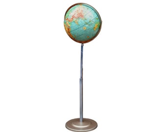 Vintage 16 inch World Globe Floor Stand, Mid Century Office Decor, Benefic Press Relief Political Reality Contour Relief Globe