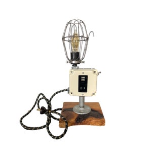 Industrial Desk Lamp Cell Phone Charging Station, iPhone Charger, Handmade One of a Kind Lamp with Reclaimed Live Edge Wood, Charger Lamp