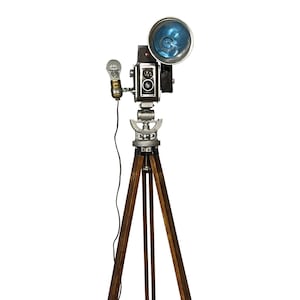 Vintage Kodak Duaflex IV Camera and Uni Colt Wooden Tripod - Upcycled Floor Lamp, Photography Studio Light, Mid Century Modern Lamp