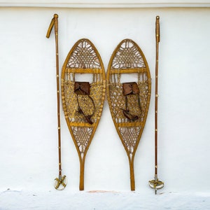Vintage Wooden Snowshoes with Ski Poles - Antique Cabin or Ski Lodge Decor Wall Hanging, Rustic Cabin Wall Art, Winter Sports Decor