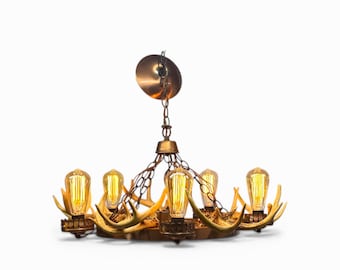 Vintage Deer Antler Chandelier - Rustic Cabin Lodge Wagon Wheel Western Lighting