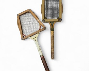 Pair of Antique Wooden Tennis Rackets with Press - D&M Collegian, Dunlop Gold Cup, Vintage Sports Wall Decor, Game Room, Sports Bar