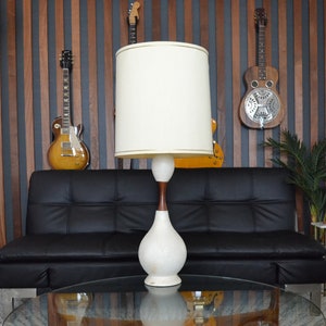 Vintage Mid Century Table Lamp, White Ceramic and Teak Neck Lamp with Vintage Shade, Retro 60s Lighting
