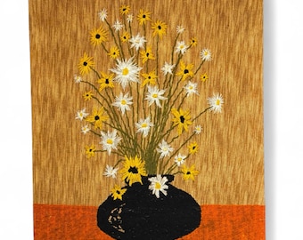 XL Vintage Daisies Crewel Embroidery Wall Hanging - Retro Boho Decor (44"x36")