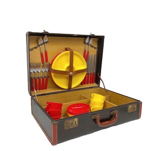 Vintage Mid Century Picnic Suitcase with Dishes, Retro Suitcase Picnicware Set, Modern Outdoor Dinnerware and Utensils,