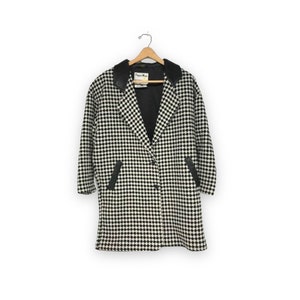 Vintage Houndstooth Coat - Pioneer Wear, Mid Century Coat, 1960s Black and White Jacket, Vintage Duster, Womens Wool Peacoat