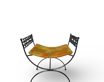 Vintage Black Wrought Iron Chair – Removable 70s Floral Upholstered Seat