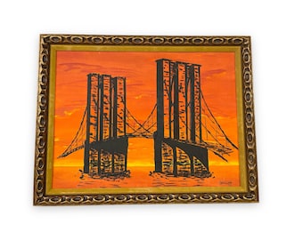 Vintage 70s Brooklyn Bridge Painting – Signed Mid Century Modern Framed Art