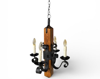 Spanish Revival Wood & Wrought Iron Hanging Chandelier - Made in Spain