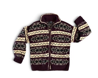 Vintage Wool Cardigan - Hand Knit Zip Sweater, Snowflake Pattern