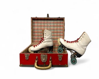 Vintage Arrow Roller Skates with Red, White & Blue Metal Case - Skating Decor
