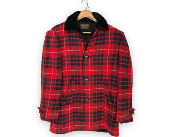 Vintage Pendleton Coat, 1950s Red and Black Plaid Jacket, Pendleton Duster, Womens Size Medium Wool Jacket, Mod Wool Outerwear