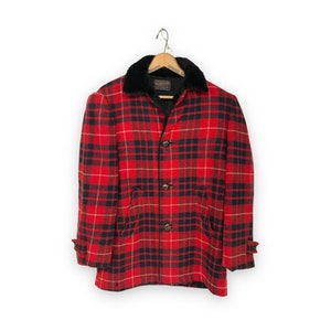 Vintage Pendleton Coat, 1950s Red and Black Plaid Jacket, Pendleton Duster, Womens Size Medium Wool Jacket, Mod Wool Outerwear