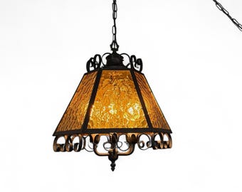 Vintage Spanish Revival Wrought Iron Candelabra Chandelier - 6 Arm Hanging Swag Light with Amber Glass, Gothic Lighting