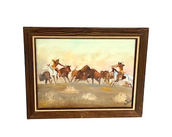 Vintage Native American Buffalo Hunt Painting – Signed R. Fastwolf, Framed Western Art