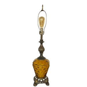 Vintage Amber Glass Table Lamp - Double Light, Ornate Metal, Hollywood Regency Interiors, Mid Century Lighting