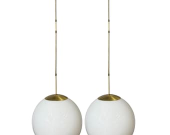 Vintage Mid Century Globe Pendant Lights Pair - Milk Glass Orb Brass 1960s Lighting