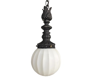 Vintage Spanish Revival Pendant Light - Ribbed Glass Globe Hanging Lamp