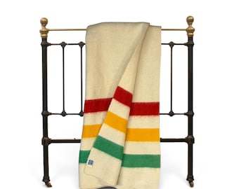 Vintage Wool Stripe Blanket - Cream Hudson Bay Style, Portland Woolen Mills Cabin Throw