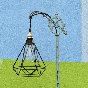 Vintage Art Deco Turquoise Cast Iron Floor Lamp with Geometric Shade