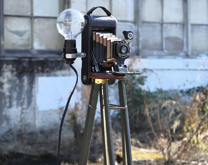 Vintage Camera Tripod Lamp, No. 1a Autographic Kodak Jr. Camera, Crown