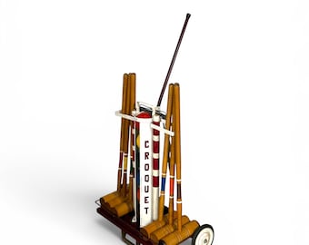 Vintage Rollway Croquet Set with Wheeled Cart - 6 Player Lawn Game, Game Room Retro Sports Display