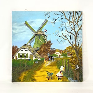 Vintage Dutch Oil Painting, Windmill Painting, Vintage Dutch Folk Art, Vintage Nursery Decor, Holland Oil Painting, Dutch Cityscape Painting