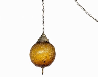 Vintage Amber Glass Globe Hanging Pendant Light - Embossed Grapevine Design
