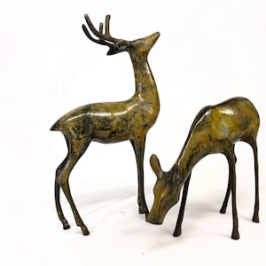 Vintage Large Metal Deer Statues, Bronze Deer, Bronze Buck Statue, Bronze Doe, Cabin Decor, Christmas Decor, Holiday Decor, Deer Lodge Decor
