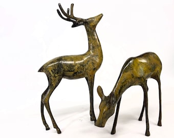 Vintage Large Metal Deer Statues, Bronze Deer, Bronze Buck Statue, Bronze Doe, Cabin Decor, Christmas Decor, Holiday Decor, Deer Lodge Decor